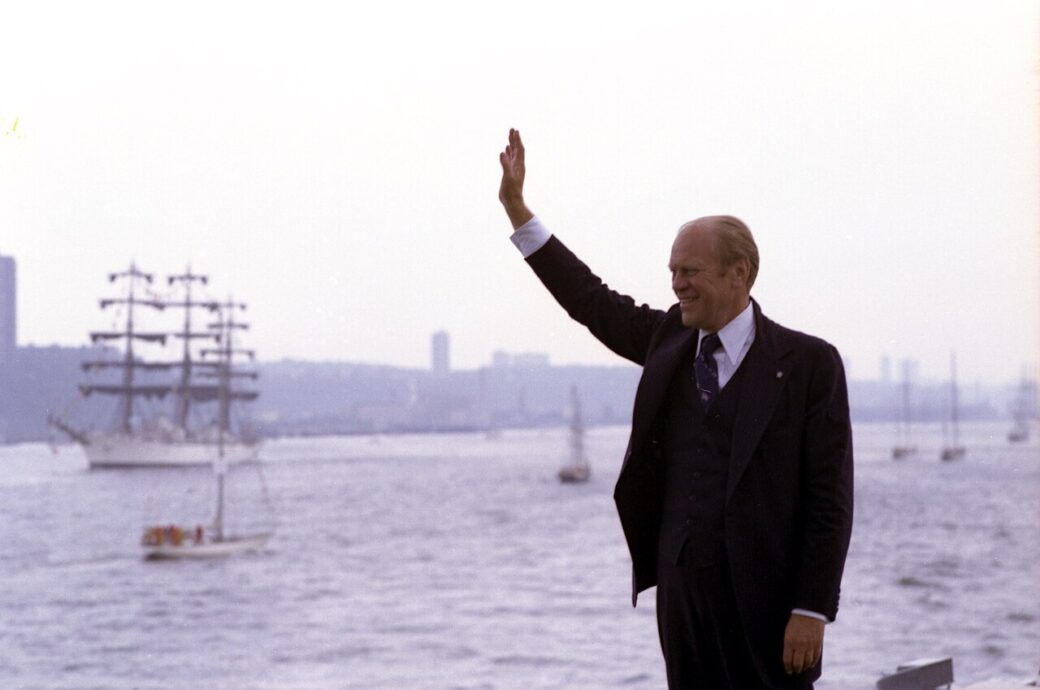President Gerald Ford viewing tall ships during Operation Sail in 1976