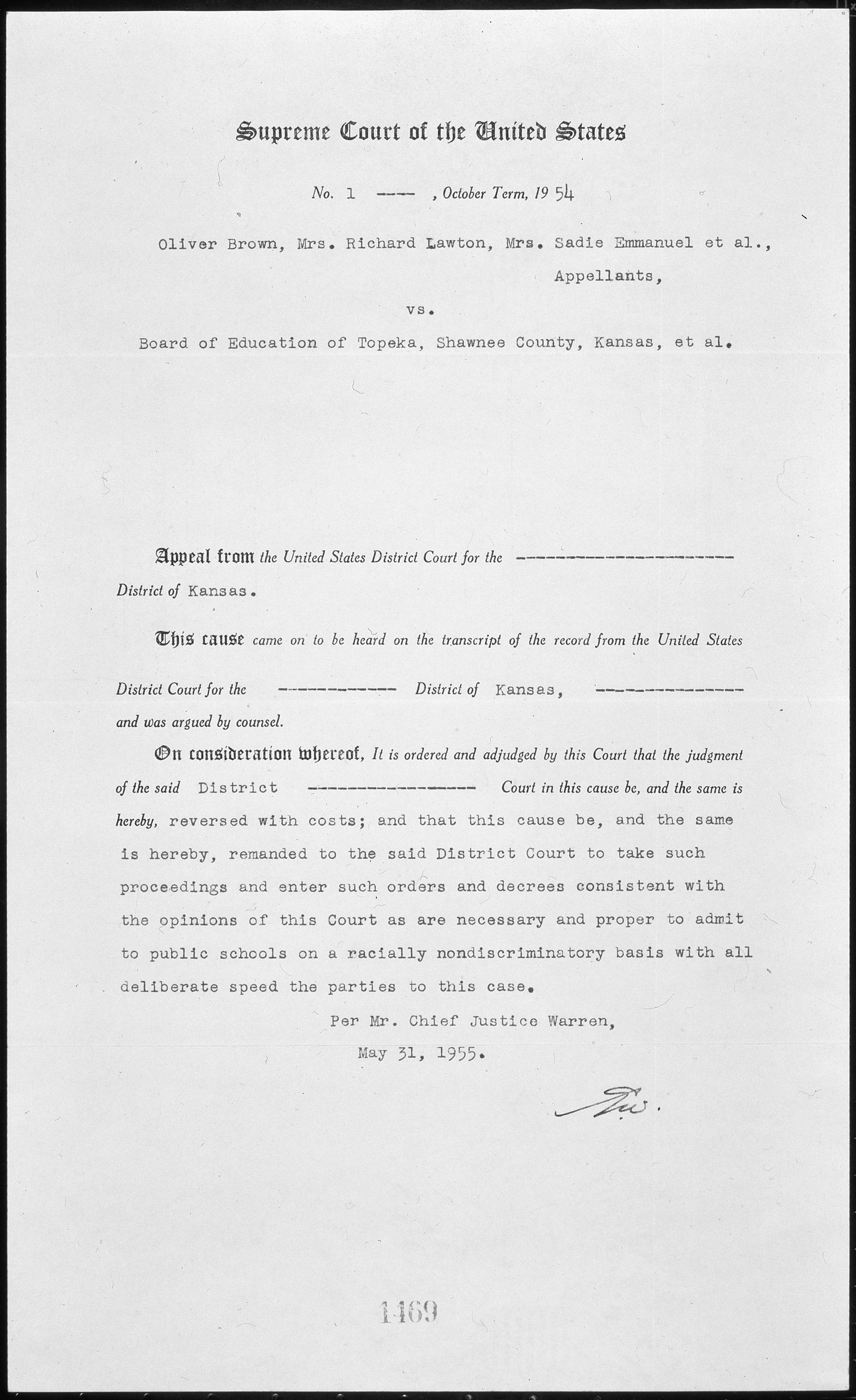 National Archives judgment document from Brown v. Board of Education