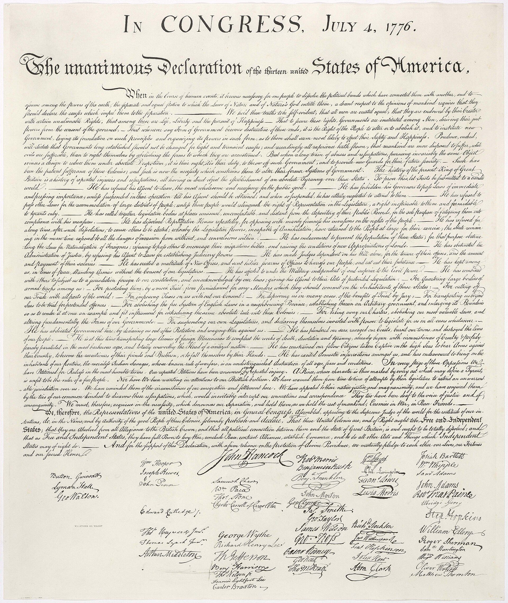 Stone engraving facsimile of the Declaration of Independence