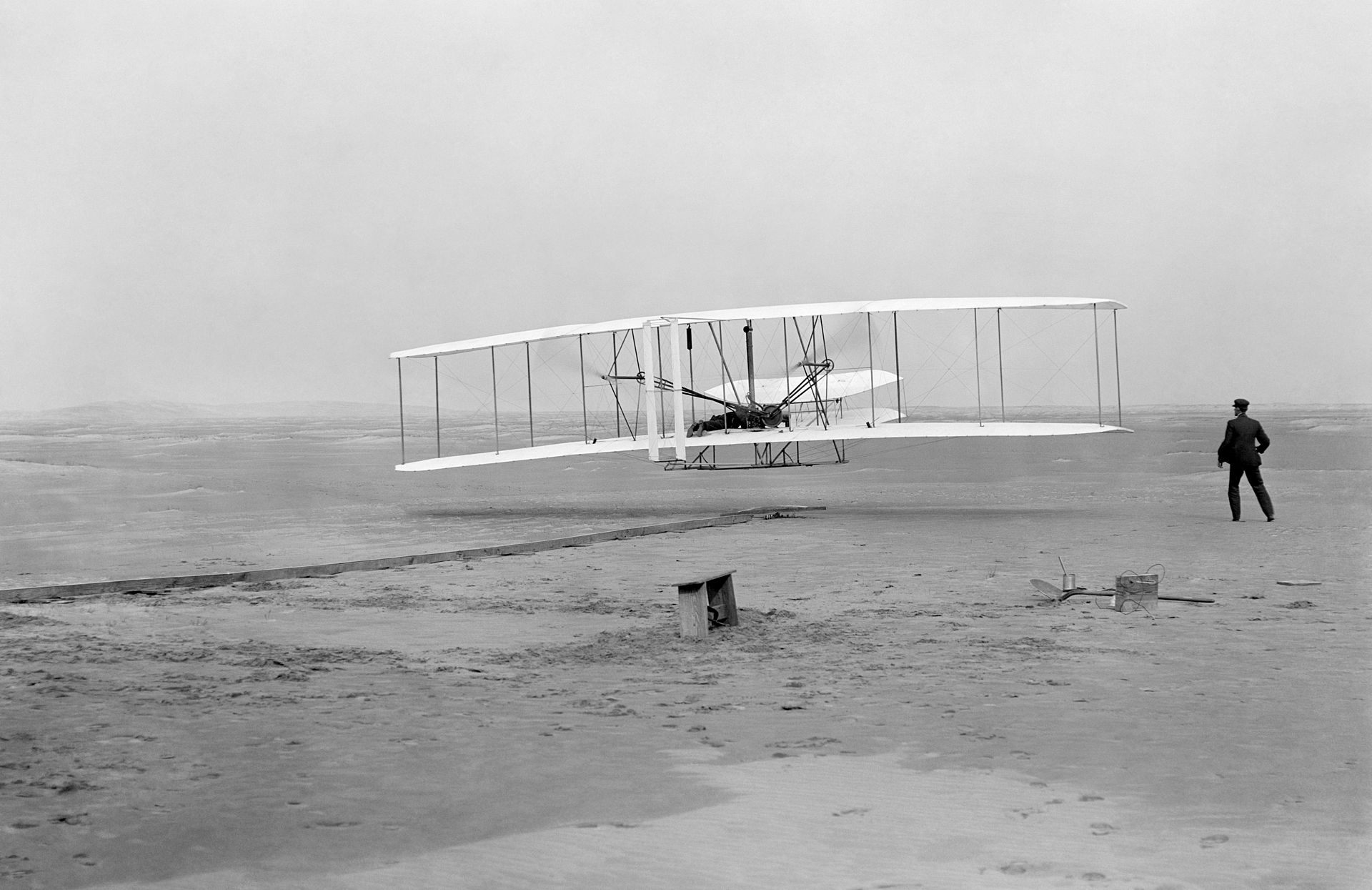 The Wright brothers' first powered flight at Kitty Hawk in 1903