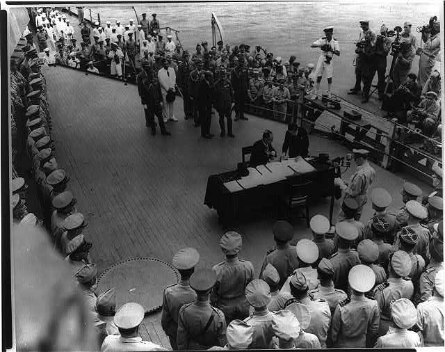 Signing of the Japanese surrender document aboard USS Missouri in Tokyo Bay